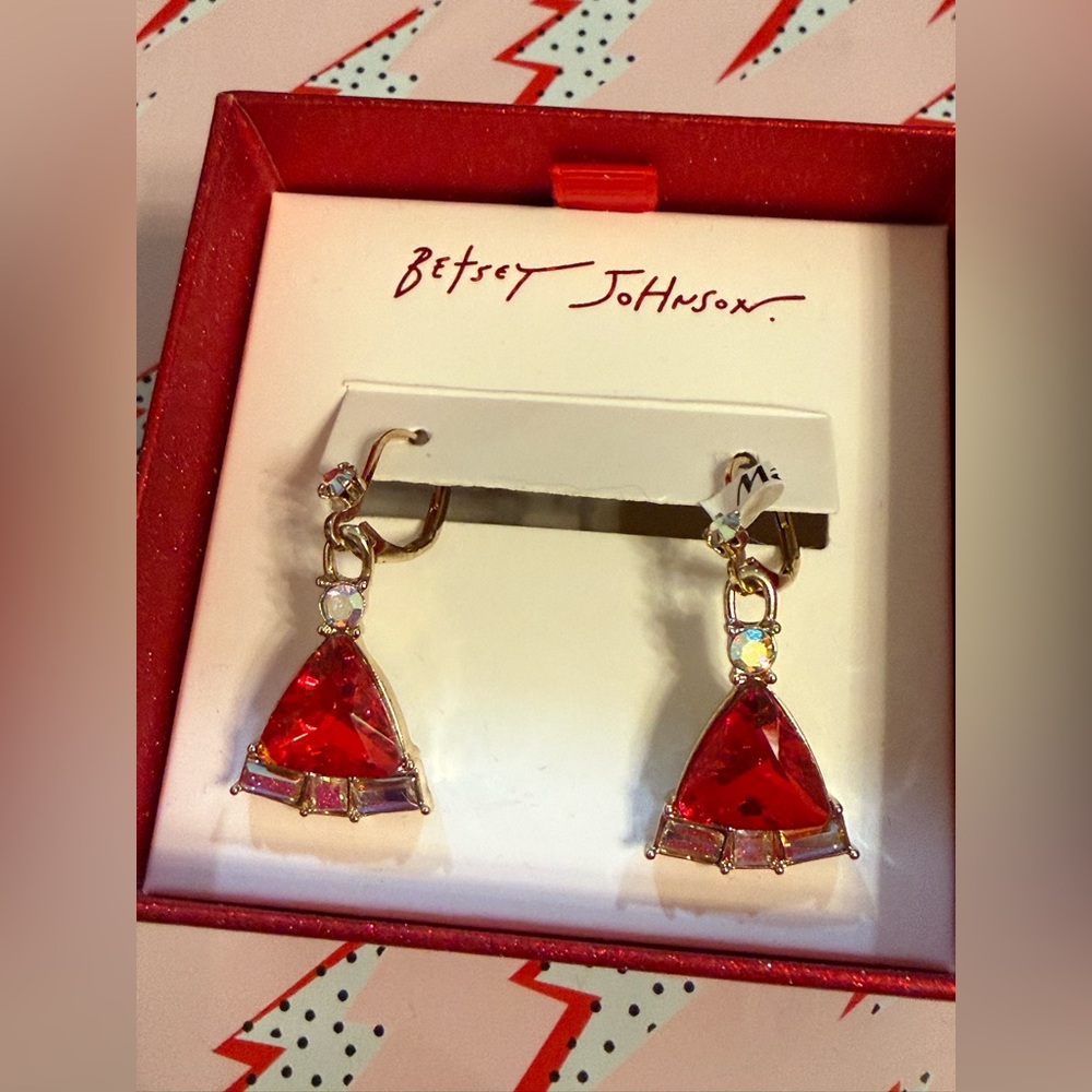 Betsey Johnson Red Bling Santa Hat Drop Dangle Earrings- New with Gift Box